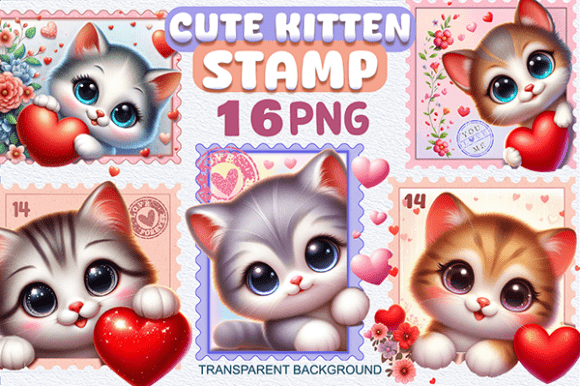 Capture Magic Moments with the Kitten Postage Stamp Clipart Bundle PNG