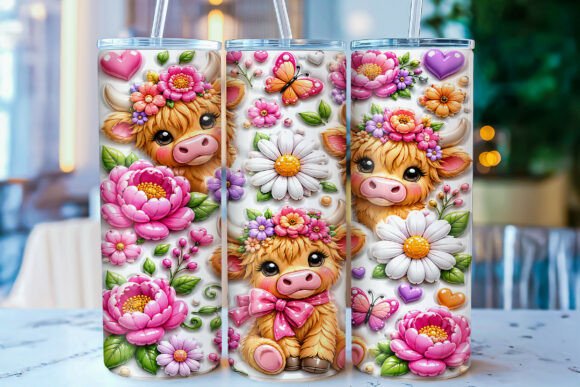 Inflated Floral Highland Cow Tumbler PNG: A Sublimation Designer’s Dream